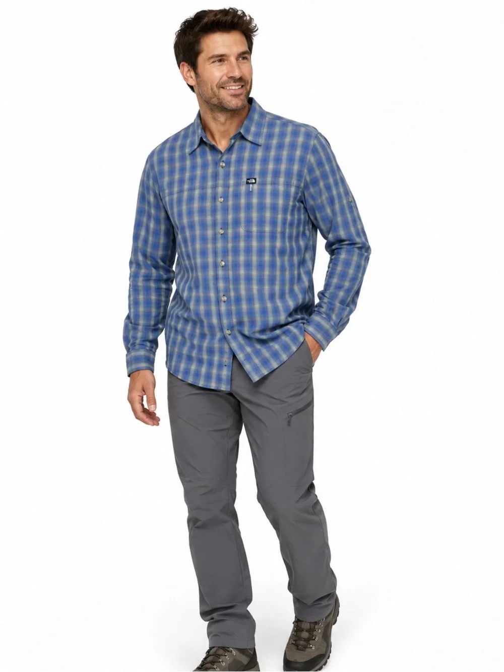 The North Face Blue Plaid Long Sleeve Button Up Shirt medium Zip Pocket hiking